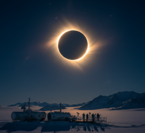 First Solar Eclipse 2026 Ring of Fire over Antarctica research station with observers.